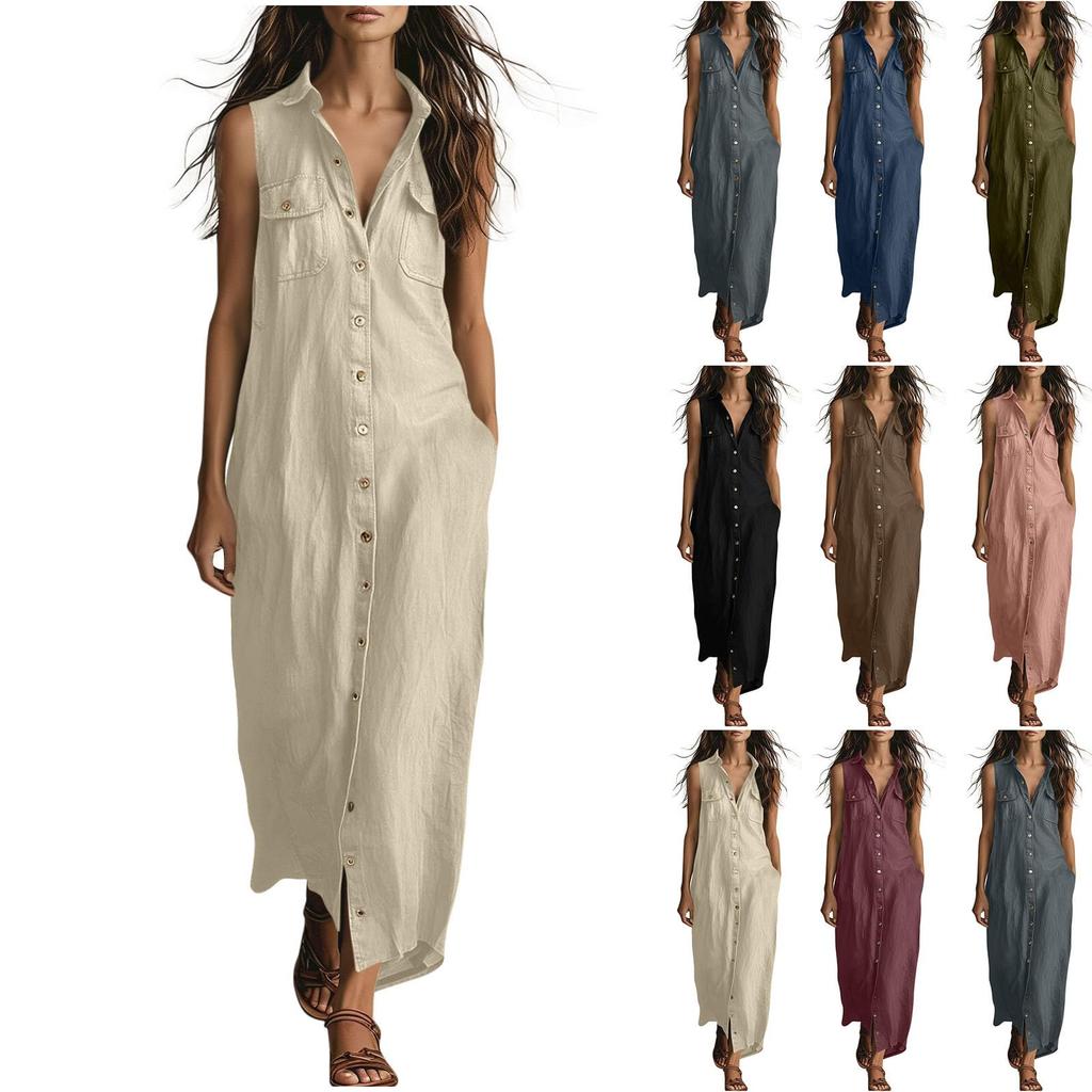 Women's Fashionable Lapel Button Loose Bohemian Vacation Beach Dress With Pockets