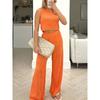 1116 Summer European and American Women's Clothing Set Solid Color Water Wave Crew Neck Vest Top Wide Leg Pants Two-piece Set