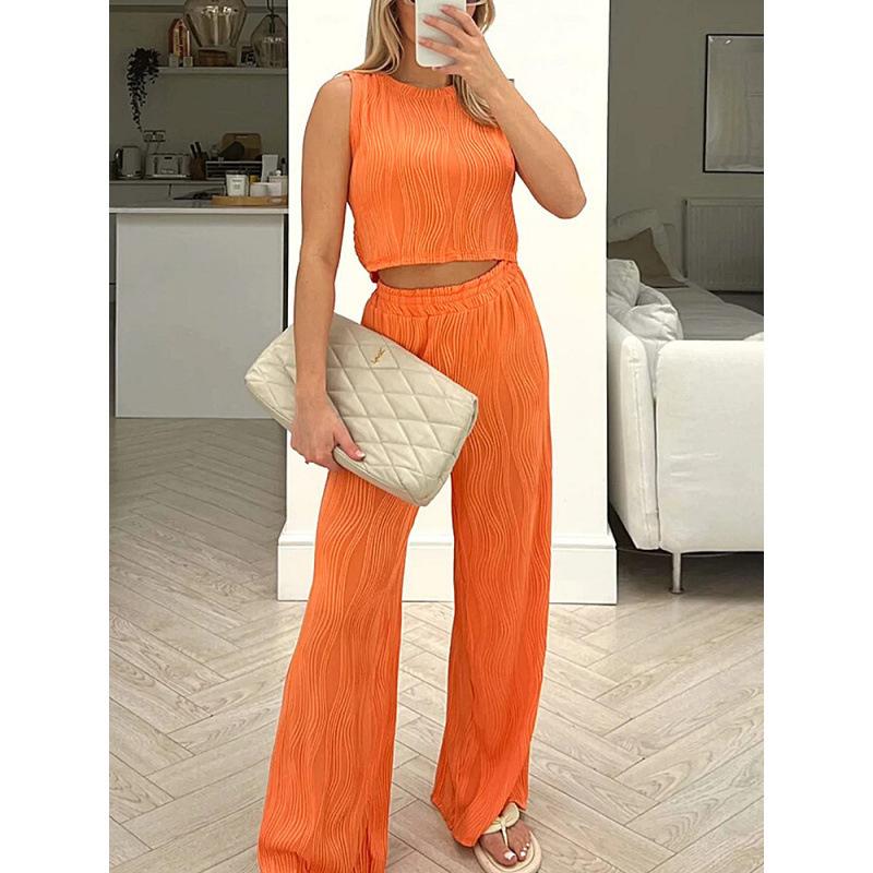 1116 Summer European and American Women's Clothing Set Solid Color Water Wave Crew Neck Vest Top Wide Leg Pants Two-piece Set