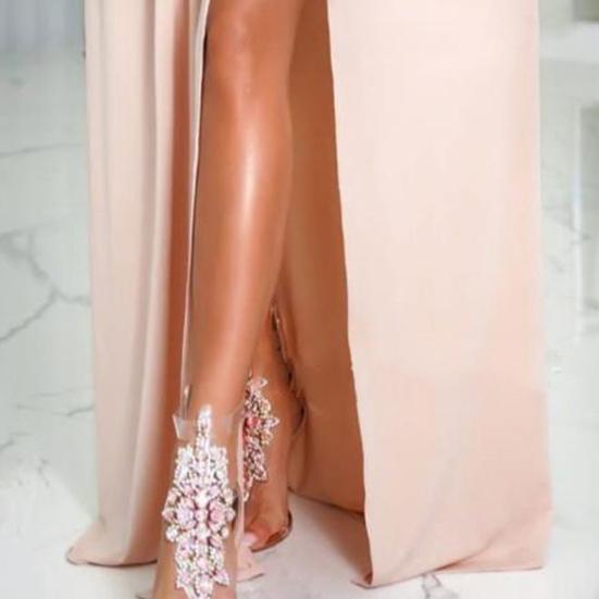 Dámské jednobarevné šaty s jedním ramenem rozdělené do všech večerních šatů Dámský oděv