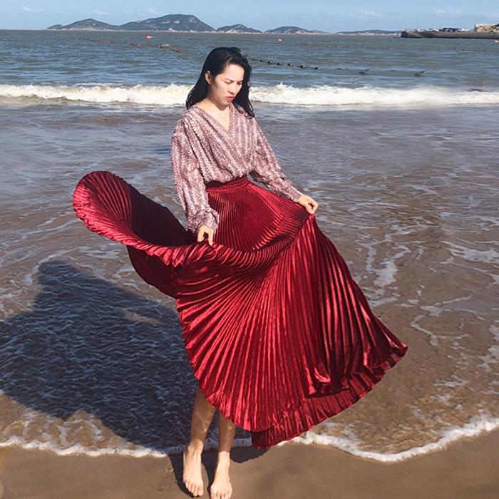 Women Reflective Bright Satin Long Skirt with Solid Color Pleated A-Line Skirts for Fall