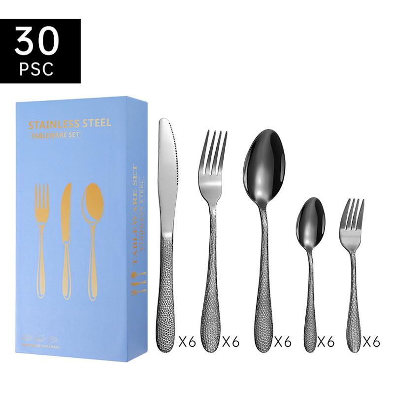 Edelstahlgeschirr, Wasserwürfel-Serie, Messer, Gabel und Löffel, fünf Hauptteile, 30 Stück, Geschenkbox, Geschirranzug