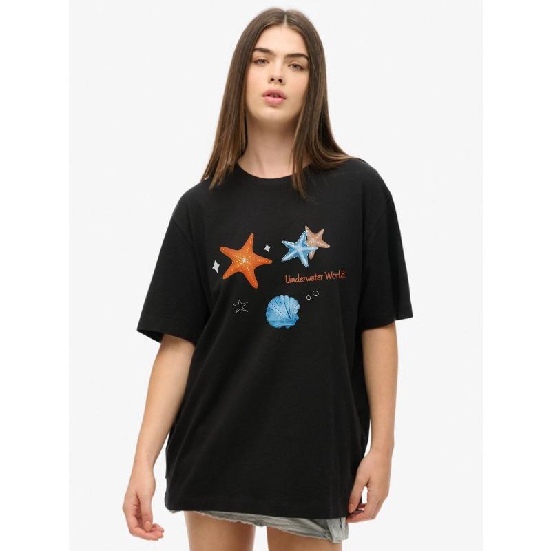 Oversized T-shirt Svart Undervattensvärld Sjöstjärna Snäcktryck Sommar Vardagskläder