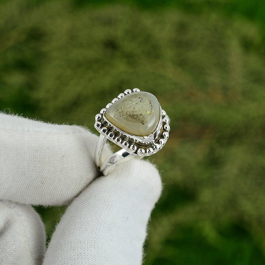 Natural Geodge Agate Druzy Gemstone Solitaire White Ring Size 8 925 Silver 8
