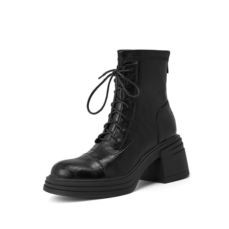 Spot silent low | thick heel 7cm strap skinny boots rear zipper thick-soled elastic boots splicing short boots girls