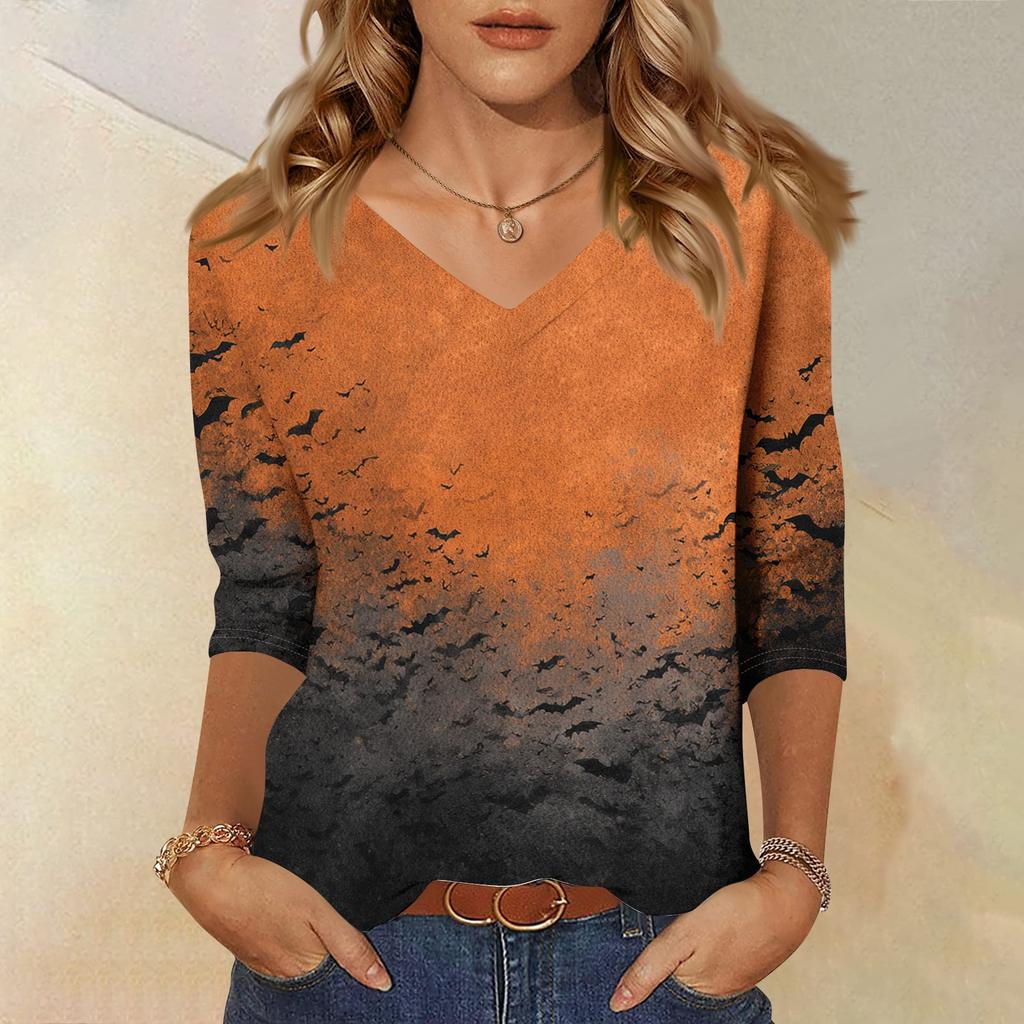Women V Neck Casual Top Halloween Print 3/4 Sleeve Lightweight Blouse for Everyday Wear Comfortable Fit