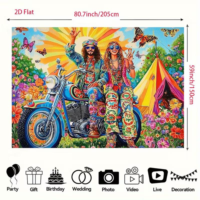 

2D Flower Power Hippie Backdrop, 60s 70s Couple on Motorcycle Background for Themed Party 47.2x31.5inch/120*80cm