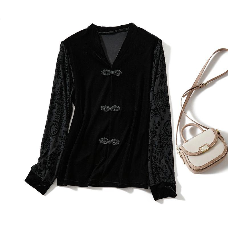 

Flocking Embroidered V-neck Literary Style Blouse! Pointed Gold Velvet Fake Two-Piece Bead Long Sleeve T-shirt Autumn and Winter Undershirt Black L