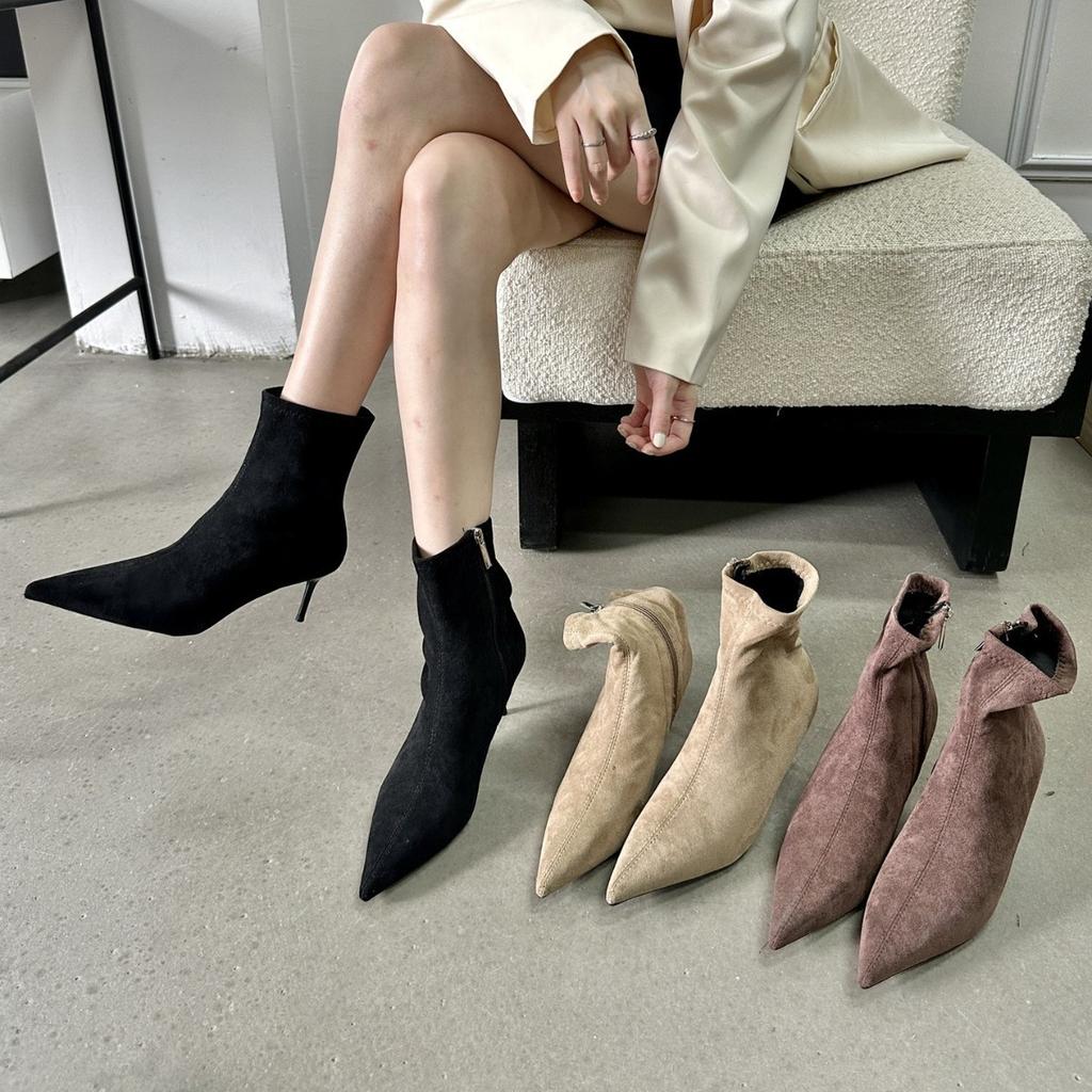 2025 Autumn and Winter New Pointed Thin Heel High Heel Temperament Suede Side Zipper French Fashion Sexy Beautiful Women Short Boots