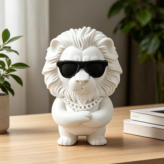 3D Printed Lion Figurine Funny Cool Lion Statue with Sunglasses Collectible Desktop Ornament for Home Office Executive Desk Decor