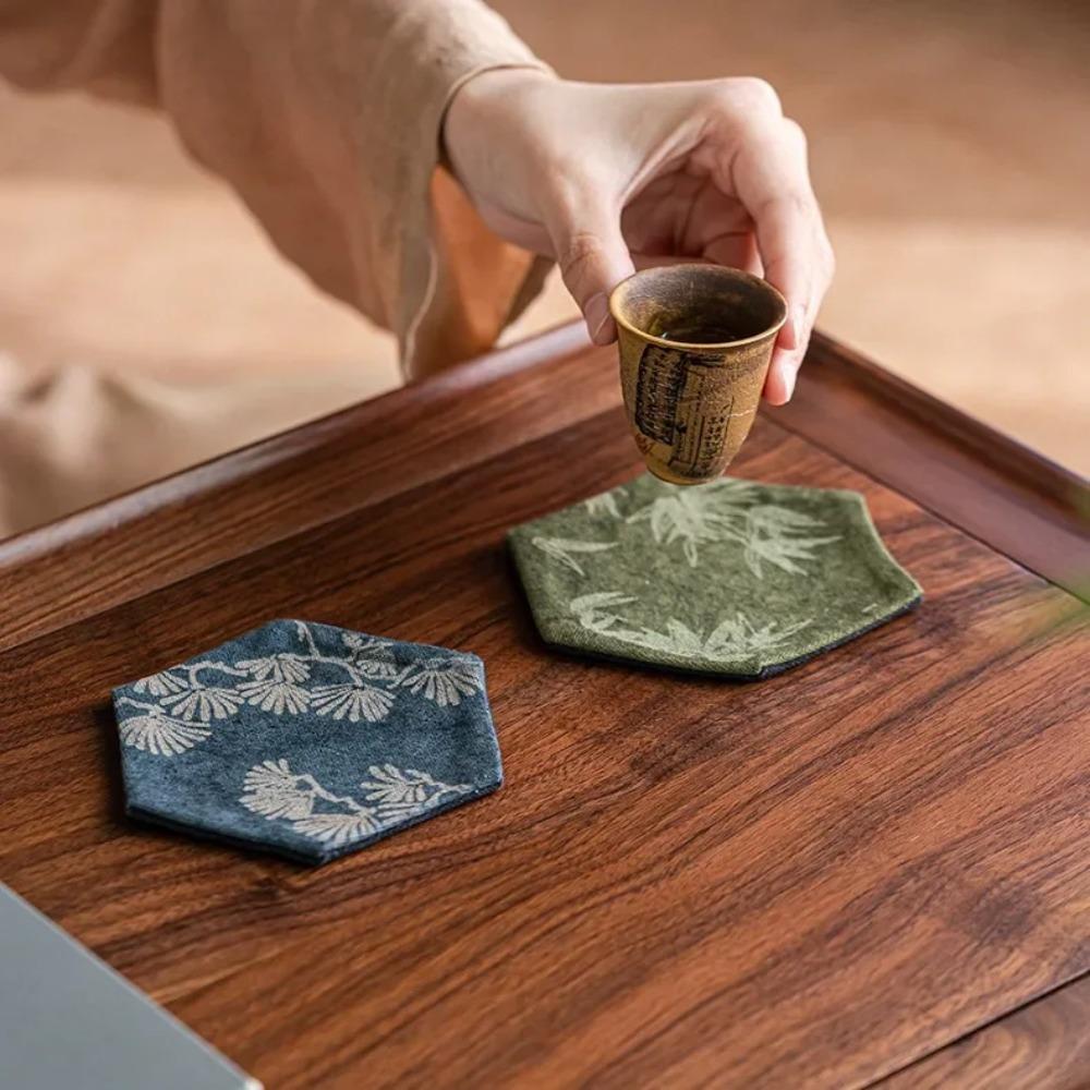 Tie-Dye Fabric Chinese Vintage Tea Cup Coaster Hexagonal Heat-Resistant Tea Cup Insulated Mat Anti-Scalding Non-slip