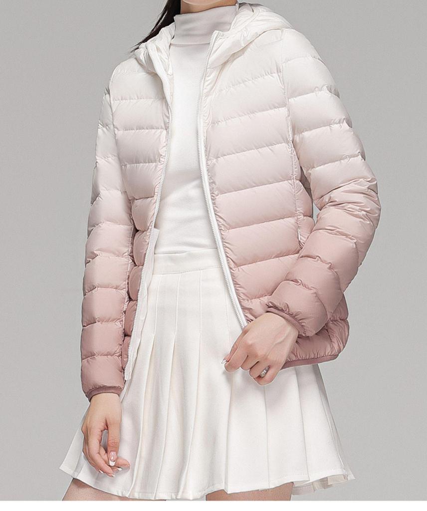 Youjia Women's Gradient Lightweight Down Jacket - 90% White Duck Down, Short Style, Hooded, Autumn/Winter Fashion.