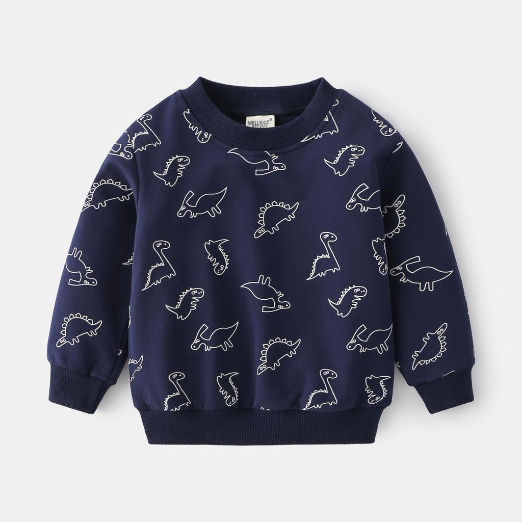 Casual long-sleeved children's sweater, dinosaur stick figure cartoon non-hooded jumper, blue and gray cute boys sweater
