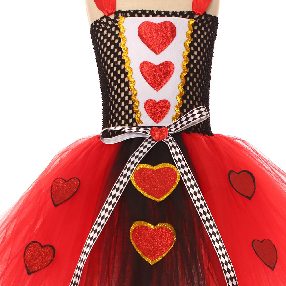 Girls Queen of Hearts Costume Kids Halloween Dress Up Fancy Tutu Dress with Crown Classic Wonderland Red Queen Gown Clothes