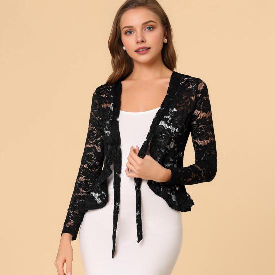 Lace Bolero for Women Tie Front Ruffle Hem Cardigan Long Sleeve Cover Up Jacket Formal Office Sheer Crop Shrug