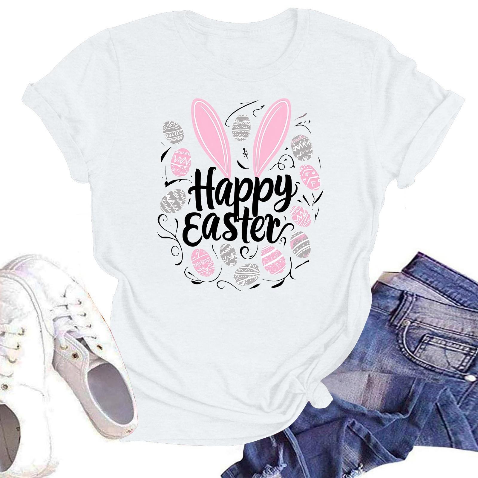 

З Великоднем Жіноча Мода Принтована Футболка з Круглим Вирізом та Коротким Рукавом Пуловер Топ XL білий