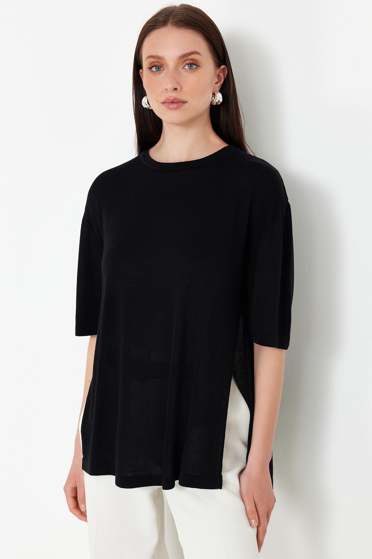 

Женская мода, новый свитер, черная базовая драпированная трикотажная футболка с разрезом и деталью S серый