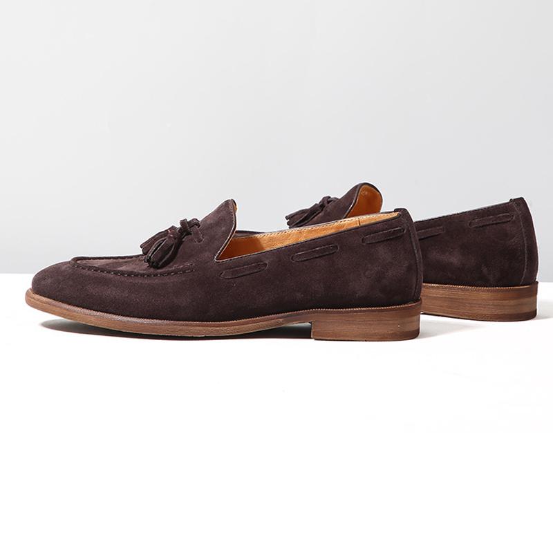 British Style Men'S Loafers Shoes Low Top Slip-On Suede Leather Fringe Tassel Breathable Casual Driving Dress Shoes Four Seasons