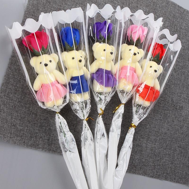 5Pcs Rose Bear Artificial Flowers Bouquet For Valentine'S Day Diy Gift Ornament Wedding Decoration Party Supplies Home Decor