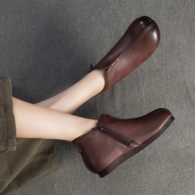 Johnature Genuine Leather Plush Warm Cotton Shoes Round Toe Flat Ankle Boots Commuting Women's Shoes