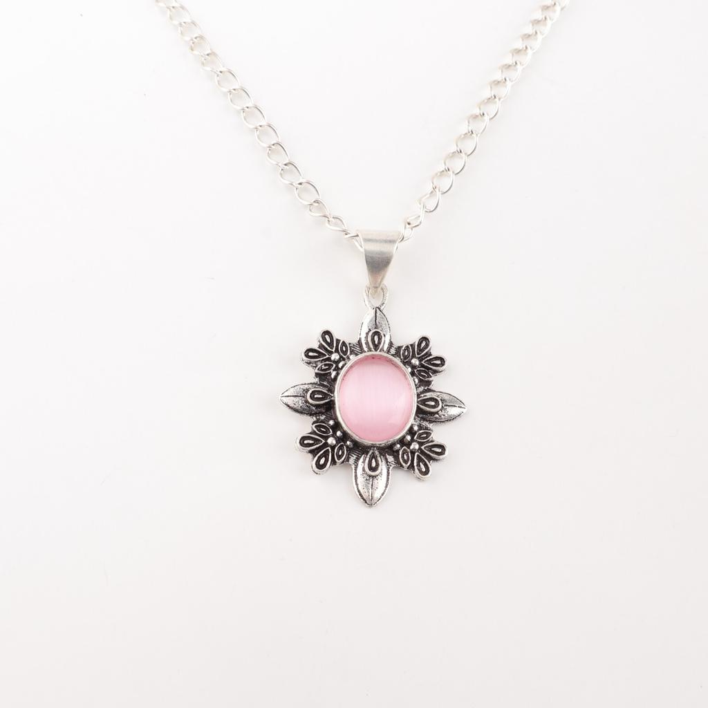 Natura Pink Cat's Eye Gemstone 925 Sterling Silver Handmade Leaf Pendant 1.62" CP-12-44