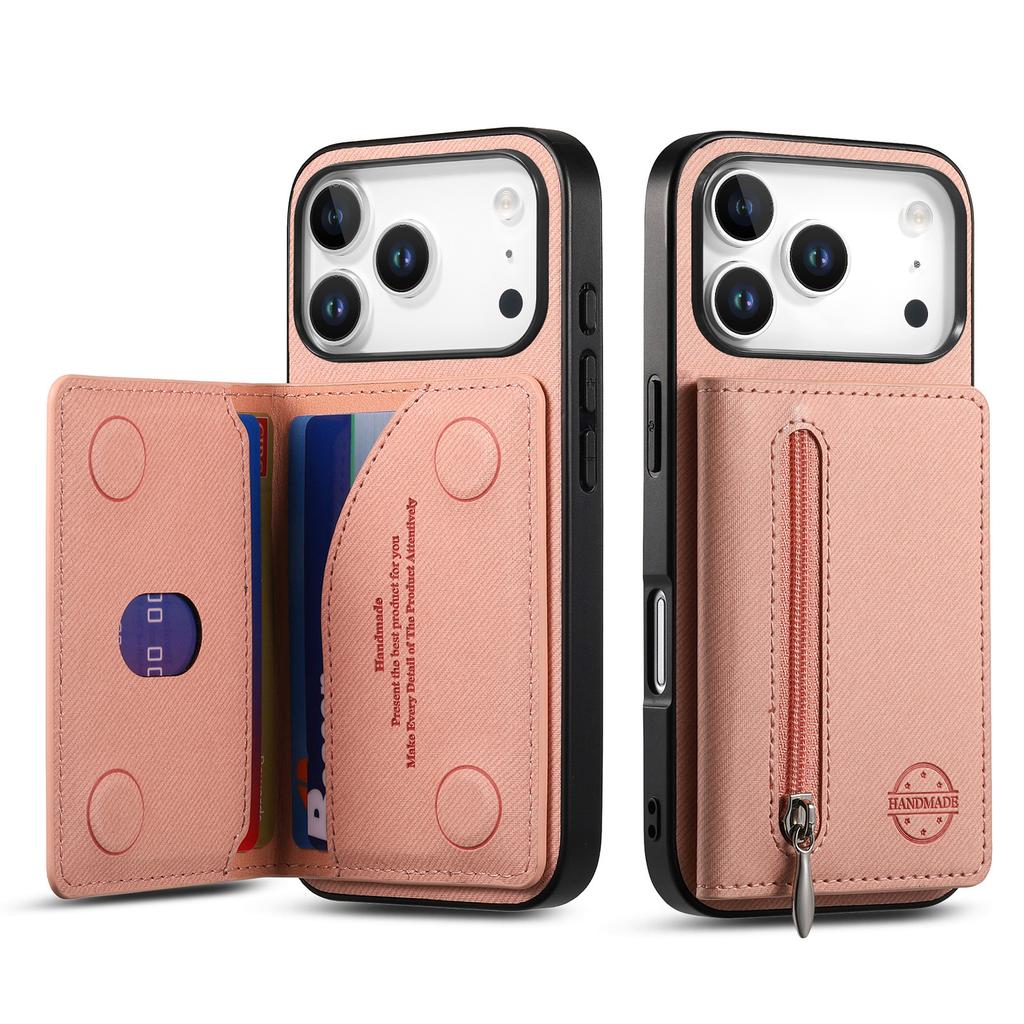 For iPhone 17 Pro Max Case Zipper Card Holder Kickstand Jeans Cloth Texture Leather Back Cover