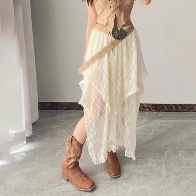 Retro Kjol Elastisk Hög Midja Spets Oregelbunden Design Midikjol Fransk Stil Retro Broderi Spets Blomma Lång Kjol