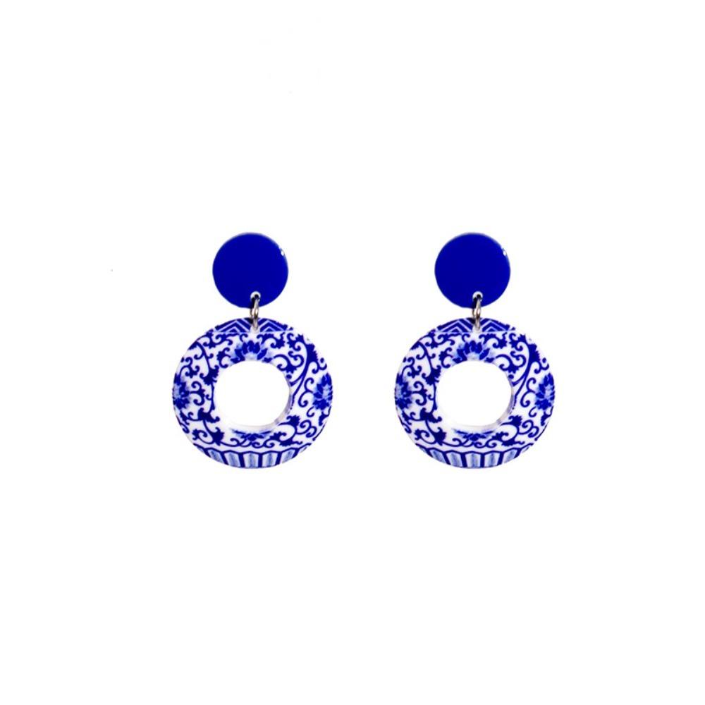 Chinese Style Blue and White Porcelain Earrings Wave Point Elegant Geometric Earrings  Lady/Gifts