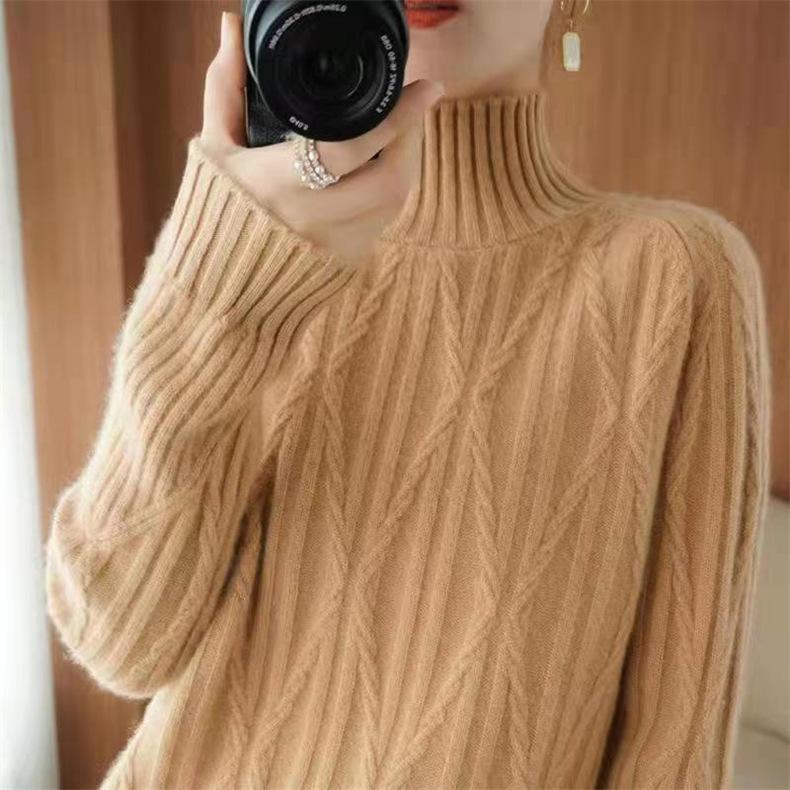 Cable Knit Sweater Women Autumn Winter Semi High Neck Korean Loose Solid Thick Outerwear Knit Top