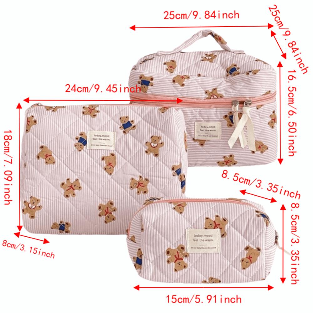 3PCS Soft Toiletry Pouch Large Capacity Cartoon Cosmetic Organizer Quilted Cotton Makeup Bag Women