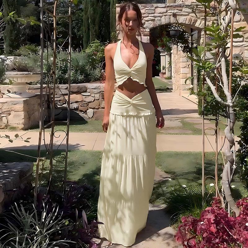 Sexy V-Neck Ruffle Halter Tie Long Dress Two-Piece Set for Women