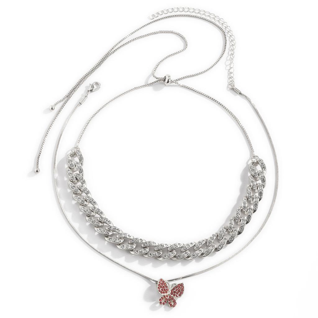 Accessoires, Einfache Diamantbesetzte Schmetterlings-Anhänger Halskette, Temperament Voller Diamanten Cubanische Kette Verstellbarer Artikel Schmuck