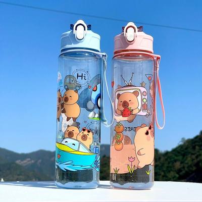 Conveniente Botella de Agua de 800ml con Estampado de Capibara Taza Portátil con Pajita Antifugas Gran Capacidad Taza Deportiva para Viajes al Aire Libre