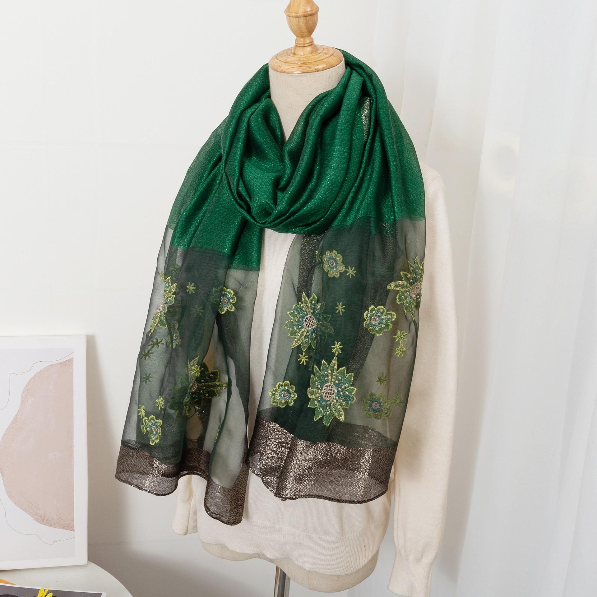 

Korean Version Of Simple And Versatile Embroidered Begonia Flowers, High-End Embroidered Silk Scarves, Fashionable And Versatile Shawls, Gifts зелёный
