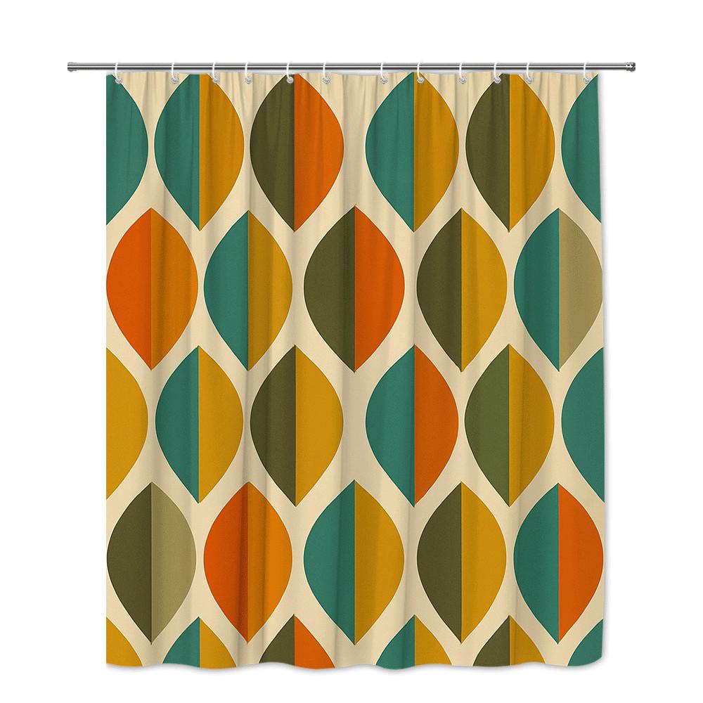 Retro vzor listů Závěs do sprchy Oranžová, zelená a hořčicová barva Design Mid Century Modern Dekorace Voděodolný Pozvedněte svůj prostor