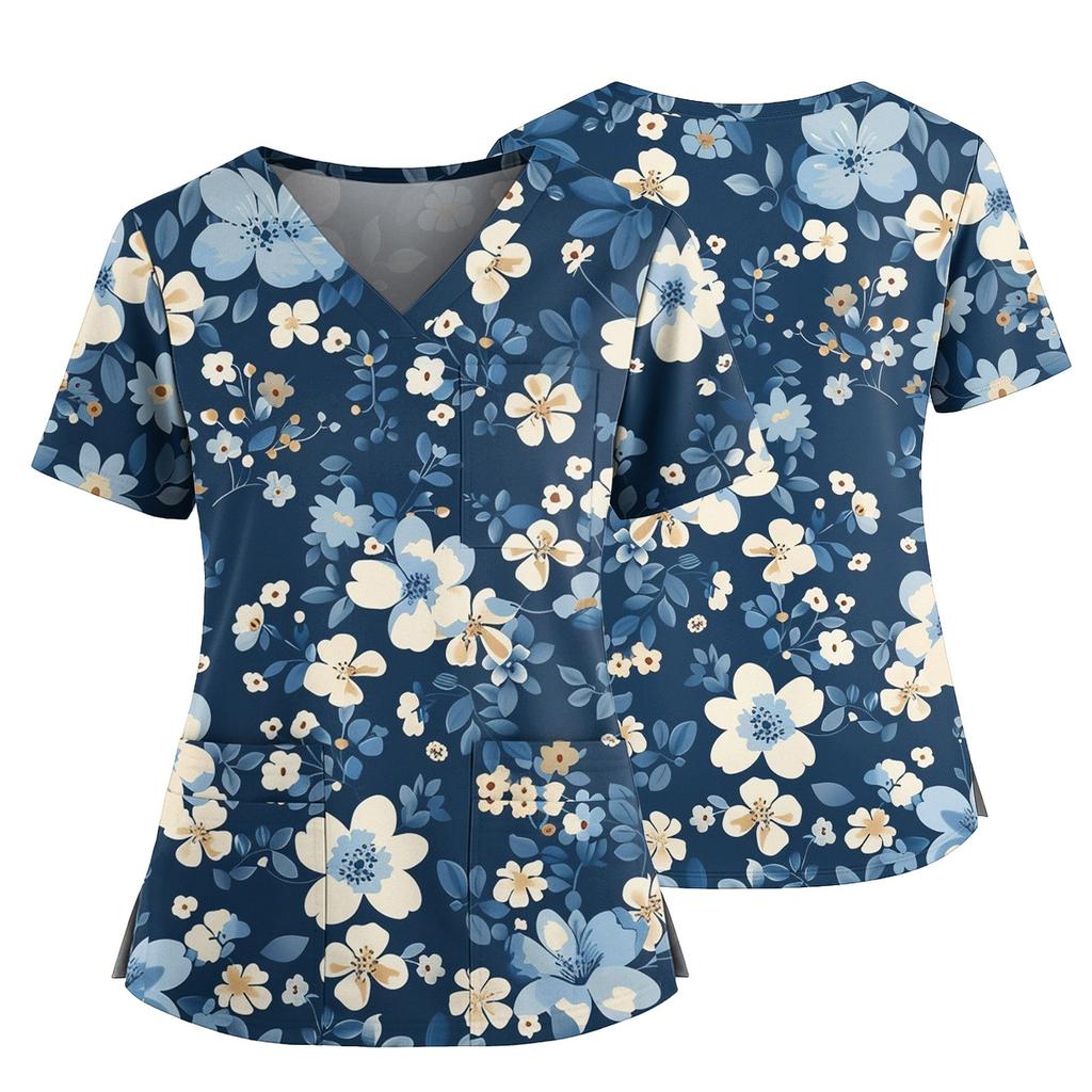 Damen Casual Bedrucktes V-Ausschnitt Taschen Seitennaht Schlitz Kurzarm Top