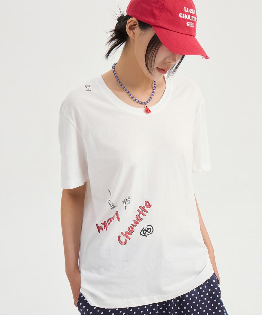 Lucky Chouette Tattoo Print Loose Fit U Neck Half Sleeve T-Shirt (White) Lftam25520Whx