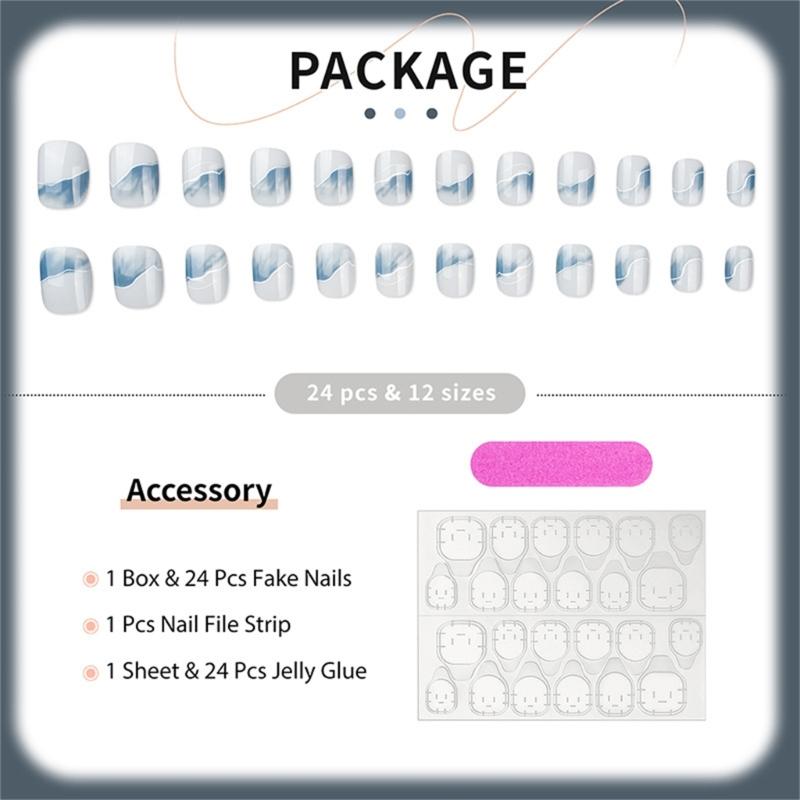 Set mit 24 glänzenden quadratischen French-Tip-Press-On-Nägeln mit stilvollen Farbverläufen, Landschaftsmalerei-Design, kurze Länge, künstliche Nägel