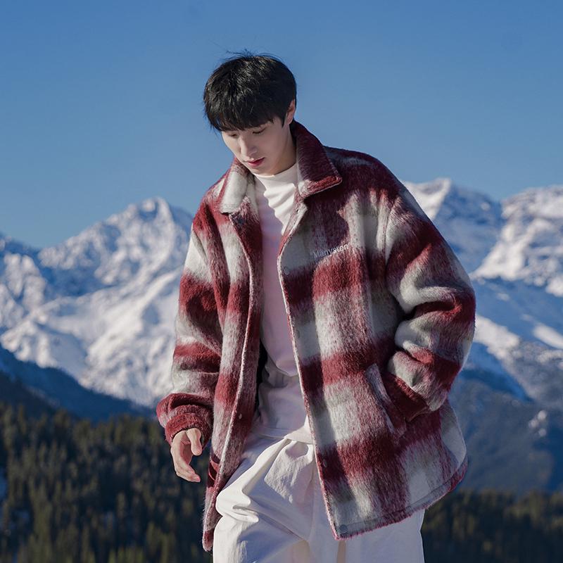 

Мужское клетчатое твидовое пальто 2024 - Ретро стиль колледжа, Универсальная верхняя одежда для осени и зимы. XL красный