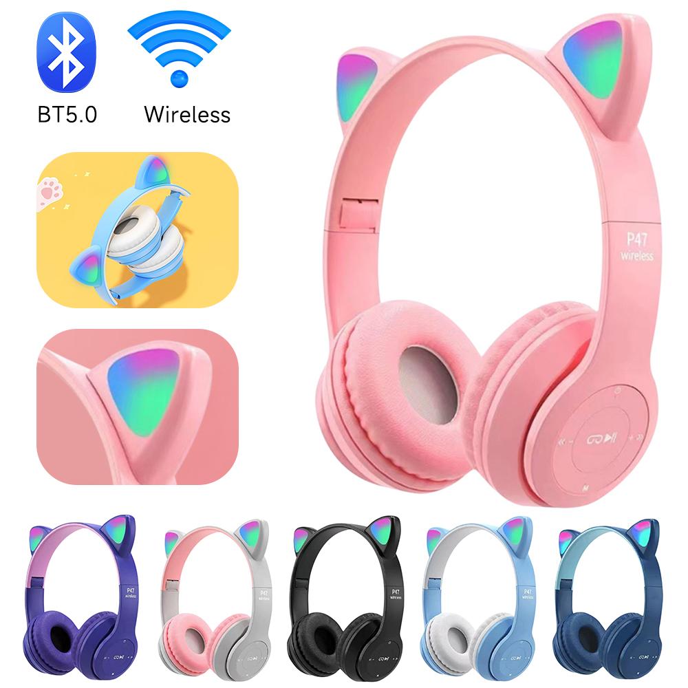 P47M Wireless Bluetooth Headset Gamer Cat LED Light Foldable Noise Cancelling Earbuds Wireless Headphones Bluetooth Earphones