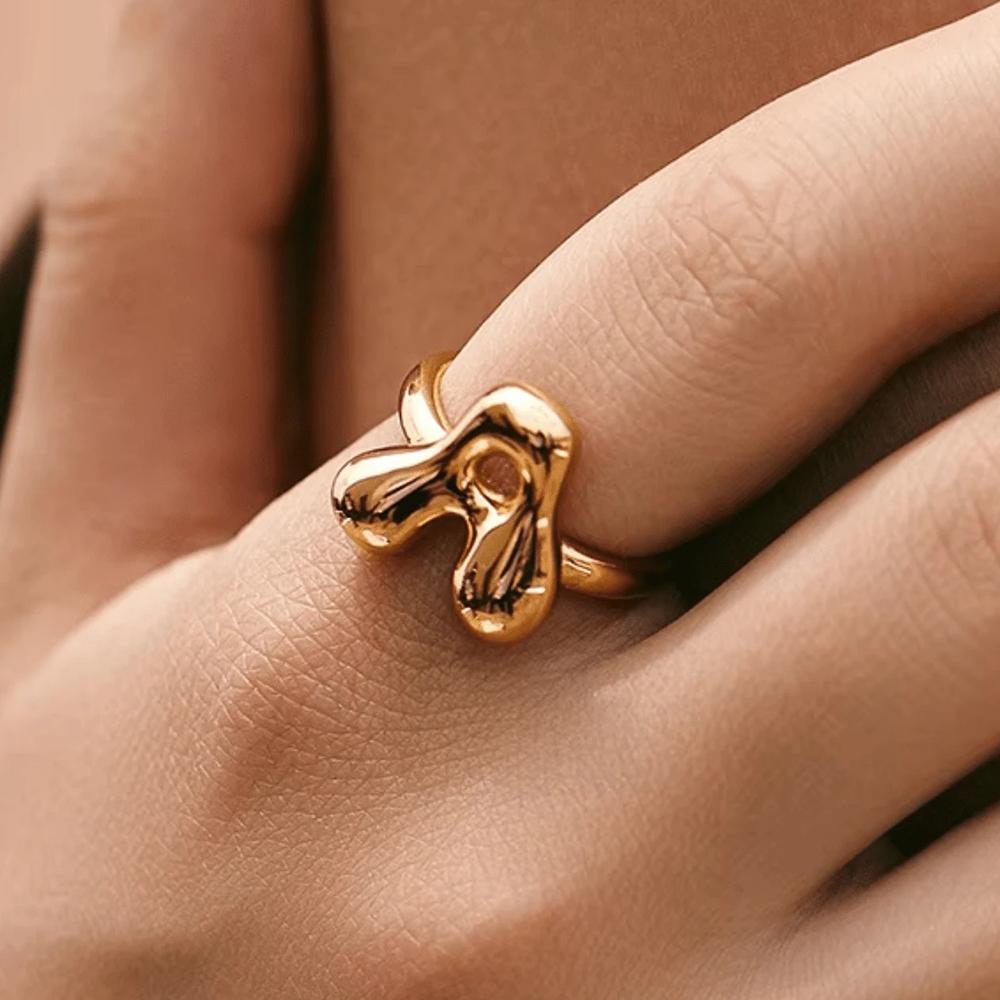 Stainless Steel Chunky Letter Rings For Women Gold Color A-Z Initial Letter Adjustable Ring Wedding Fashion Jewelry Gift
