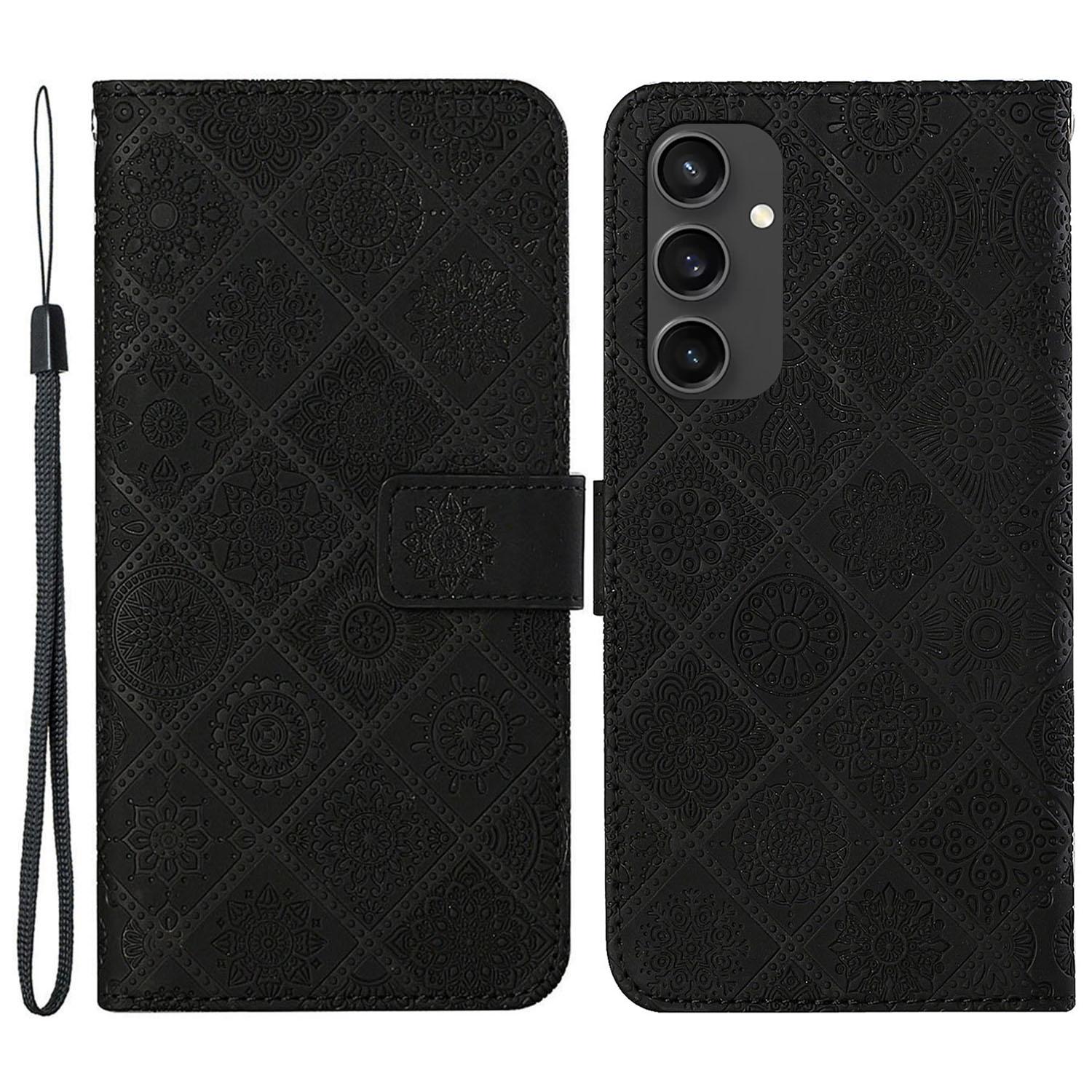 

For Samsung Galaxy S24 FE Leather Case Ethnic Style Phone Wallet Cover with Strap Black