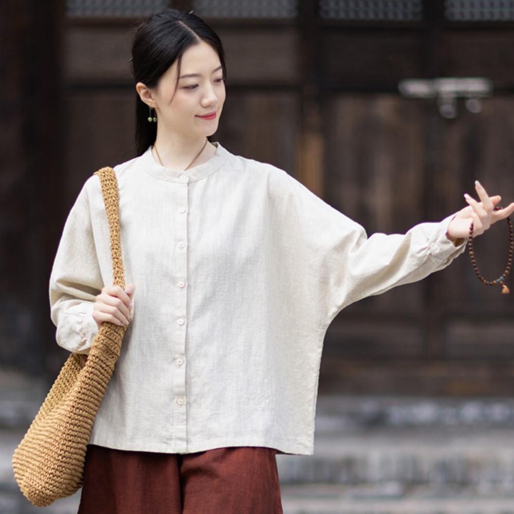 Johnature Women Vintage Shirts Tops Spring Chinese Style Stand Long Sleeve Solid Color Loose Shirts