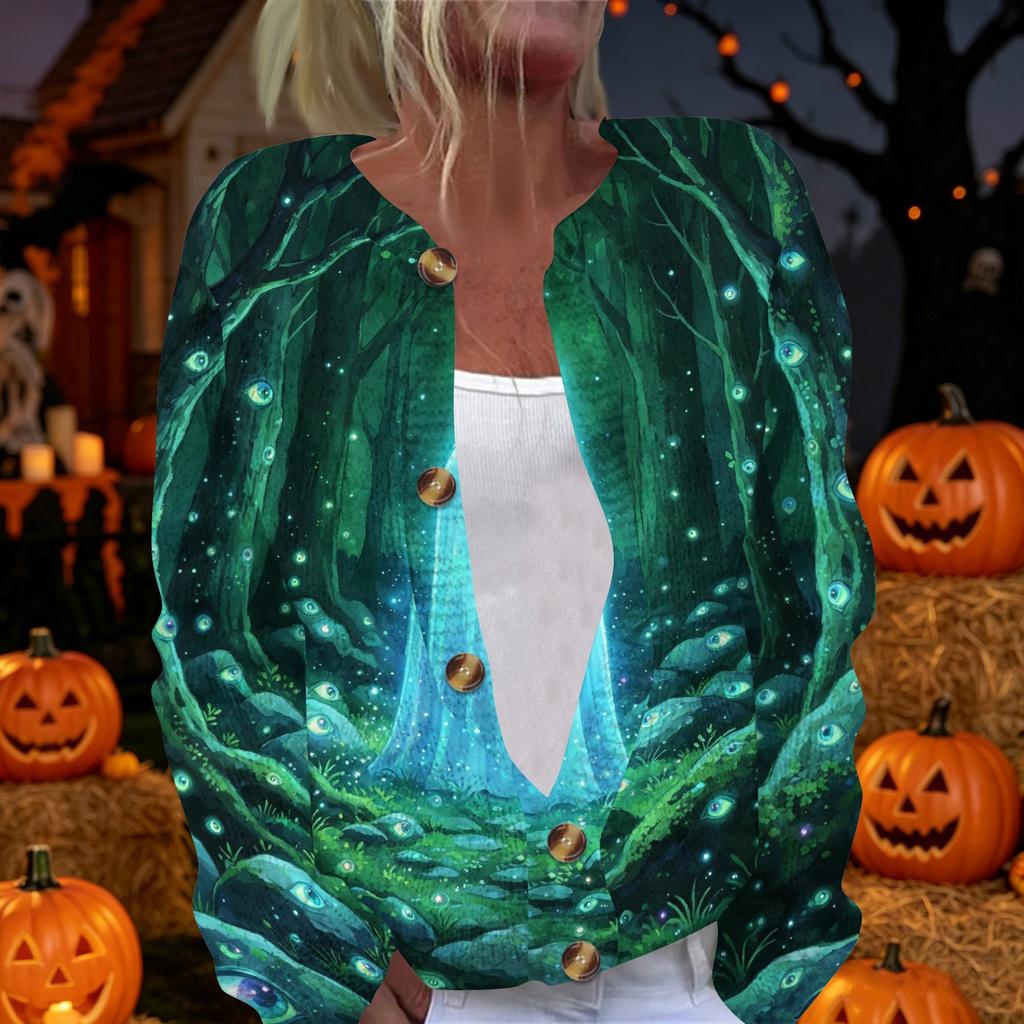 Women's Halloween Long Sleeve Knit Cardigan Button Up Sweater Skeleton and Pumpkin Musical Print Lightweight Outerwear for Fall and Winter