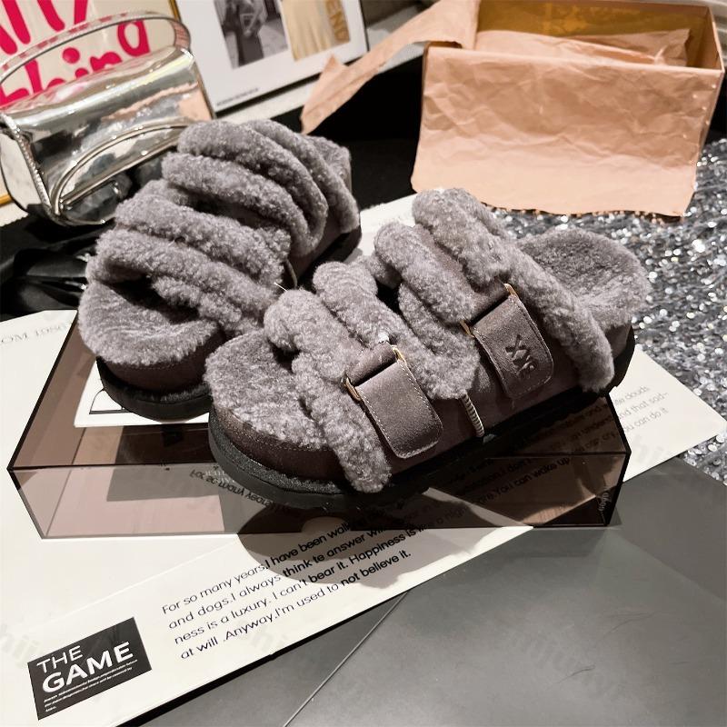 Women's Platform Plush Shoes Winter New Height Increase Outdoor Non Slip One Word Slippers Thicken Warm Comfort Cotton Slippers