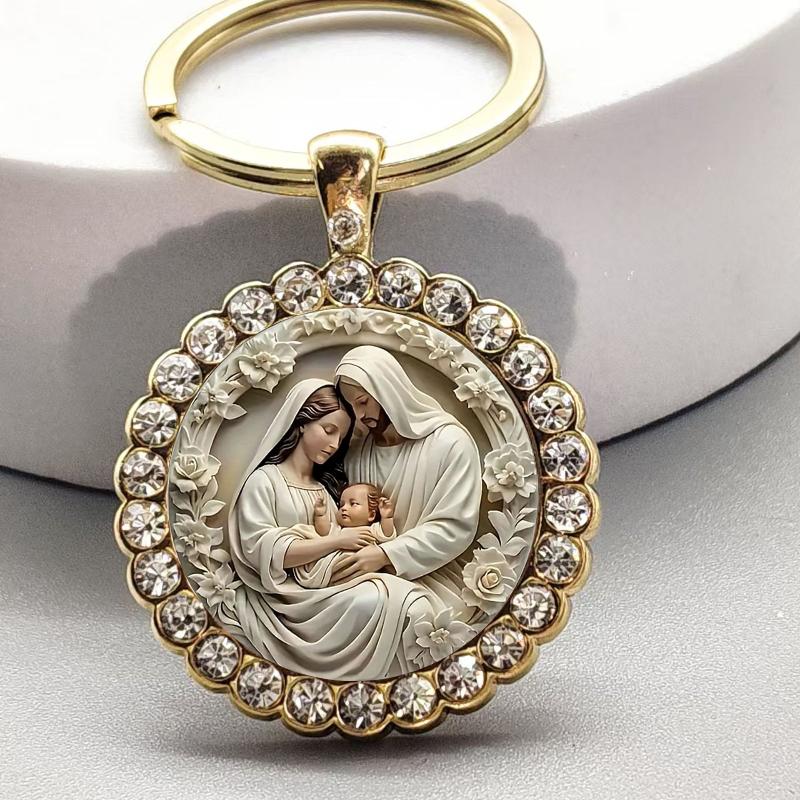 Alloy Round Keychain Virgin Mary Keyrings Pendant Christian Saint Jewelry Religious Christian Faith Gift