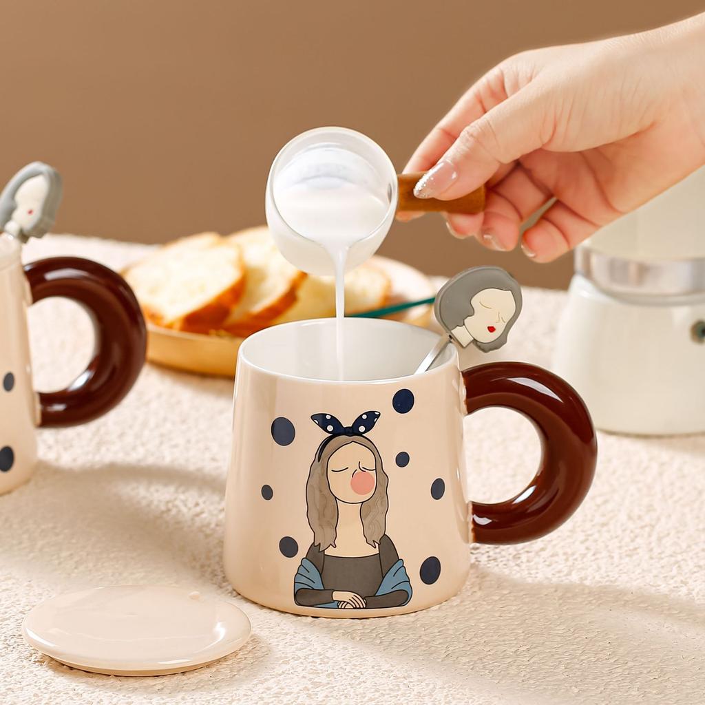 Cartoon Ceramic Cup with Lid Spoon Modern Girl Mug Creative Contrasting Color Breakfast Cup Household Water Cup Couple Cup