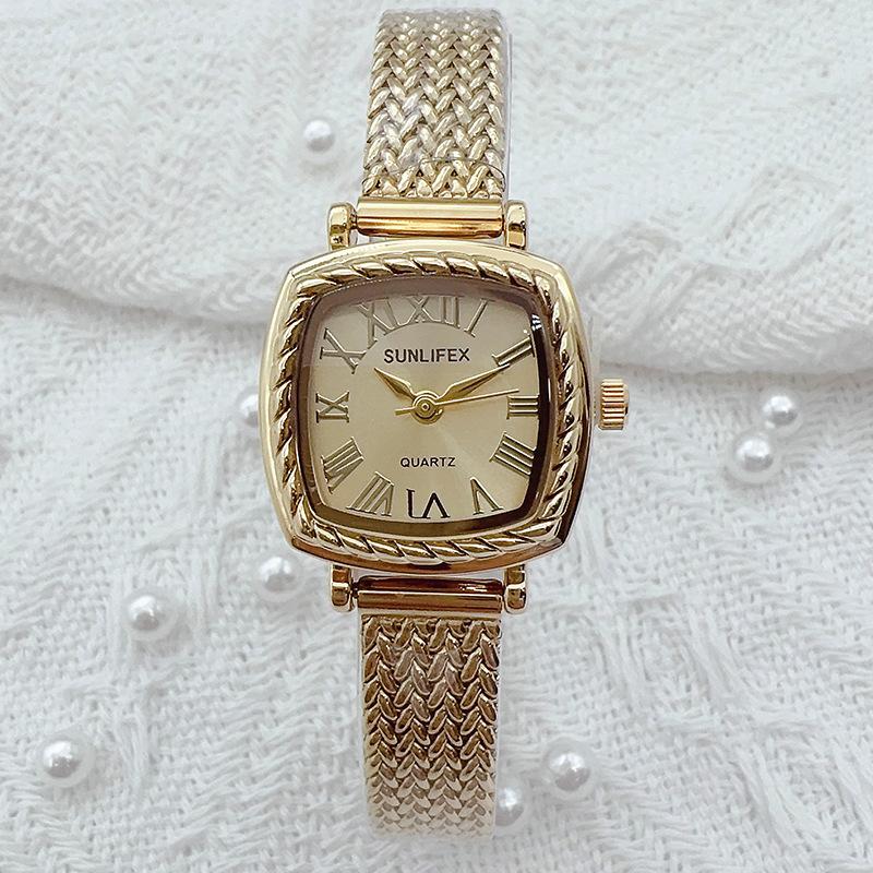 Новые Модные Женские Кварцевые Часы в Винтажном Стиле с Золотым Циферблатом, Элегантные Изысканные Наручные Часы из Нержавеющей Стали, Женские Часы Reloj Mujer