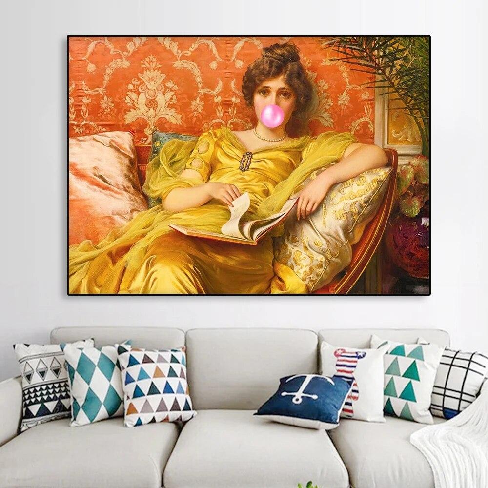 

Время расслабиться, принт, плакат, забавный винтажный рококо, измененное искусство, портрет мадам с розовой жевательной резинкой, холст, картина, декор для комнаты 21cm×30cm NoFrame