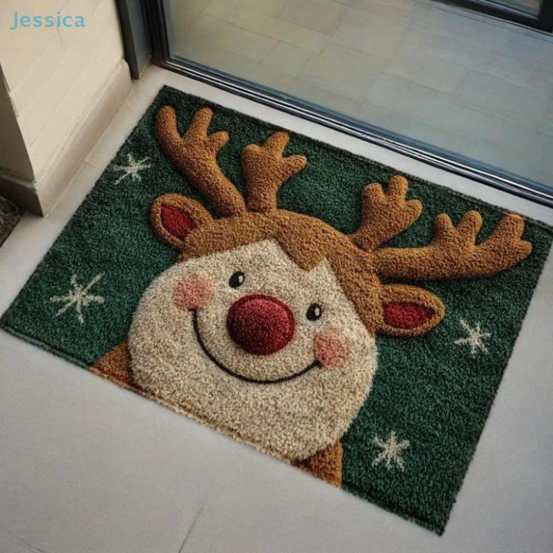 Weihnachts Rentier Fußmatte 3D Flauschig Rutschfest Eingangsteppich, Niedliche Weihnachten Fußmatte für Haustür/Innenbereich, Festliche Feiertage Heimdeko